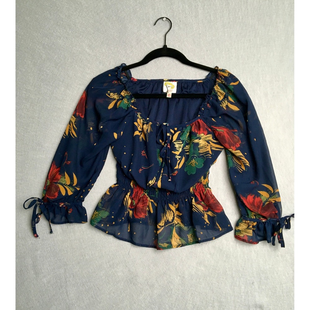 Fig and Flower Navy Floral Smocked Peplum Blouse Sheer Sleeve Petite Small PS